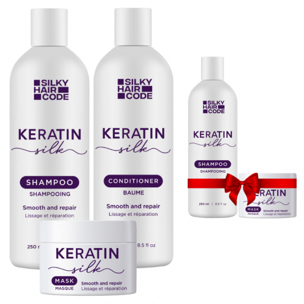 Specjalna zniżka! 3+2 Intensywna kuracja naprawcza uszkodzonych włosów KERATIN SILK - Szampon, Odżywka, Maska