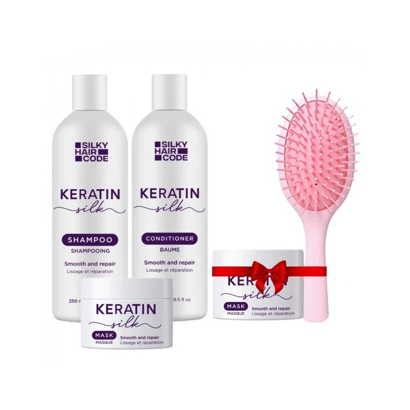 Intensywna kuracja naprawcza uszkodzonych włosów KERATIN SILK: Szampon, Odżywka, Maska + maska i szczotka W PREZENCIE!